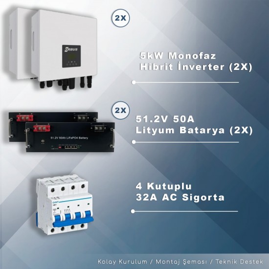 10KW Monofaz Hibrit Depolamalı Paket Sistem