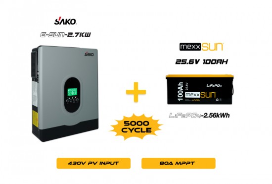 E-Sun 2.7KW Inverter + 25.6V 100Ah Lityum Akü Off-Grid Hibrit Paketi E-Sun 2.7KW Inverter + 25.6V 100Ah Lityum Akü Off-Grid Hibrit Paketi