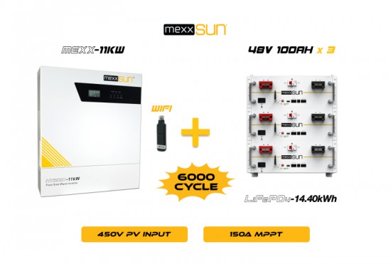 Mexx 11KW Inverter + 3x48V 100Ah Lityum Akü Off-Grid Hibrit Paketi Mexx 11KW Inverter + 3x48V 100Ah Lityum Akü Off-Grid Hibrit Paketi