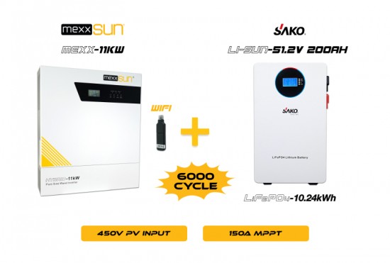 Mexx 11KW Inverter + Li-sun 51.2V 200Ah Lityum Akü Off-Grid Hibrit Paketi Mexx 11KW Inverter + Li-sun 51.2V 200Ah Lityum Akü Off-Grid Hibrit Paketi